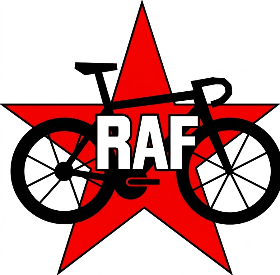 Logo: roter Stern mit Rennrad und Schriftzug RAF